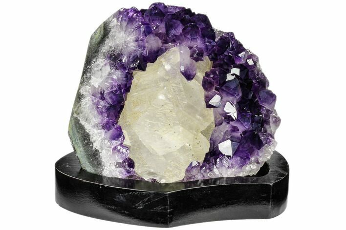Dark Purple Amethyst Cluster With Calcite - Wood Base #113935